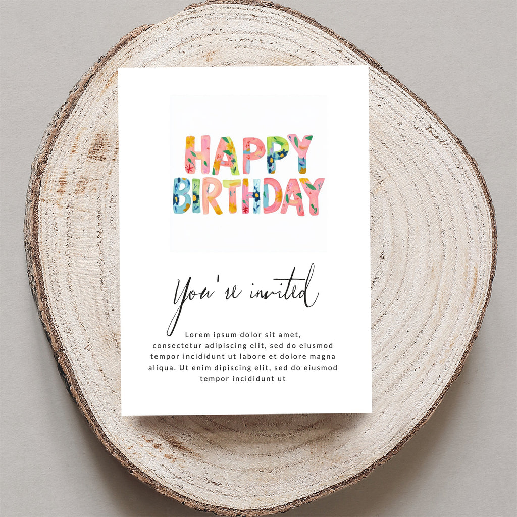 Happy Birthday invitation with floral text, reads "You're invited."