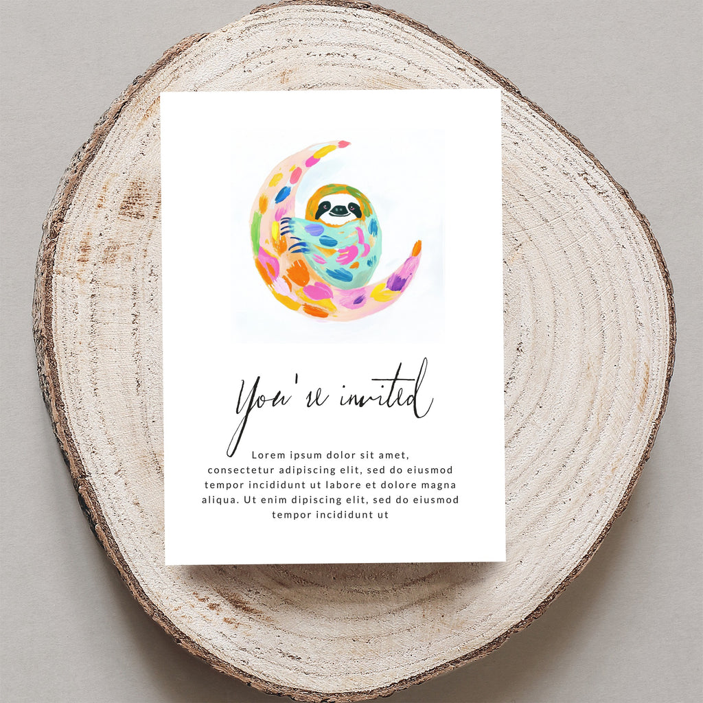 Sloth curled on crescent moon with watercolor accents, "You're invited" text.
