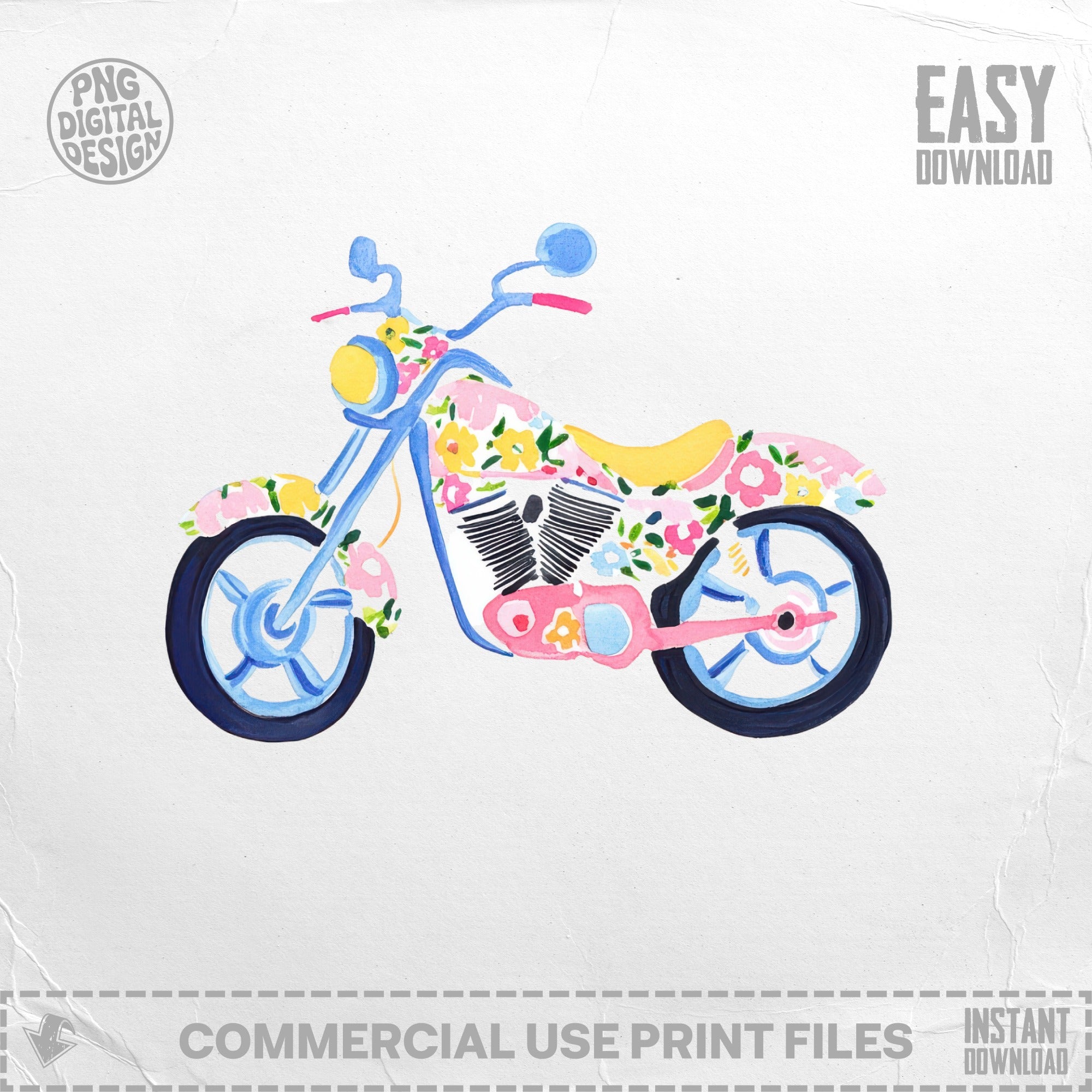 Pink watercolor motorcycle with colorful floral pattern and "EASY DOWNLOAD" text.