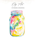Watercolor illustration of a mason jar filled with colorful abstract shapes.