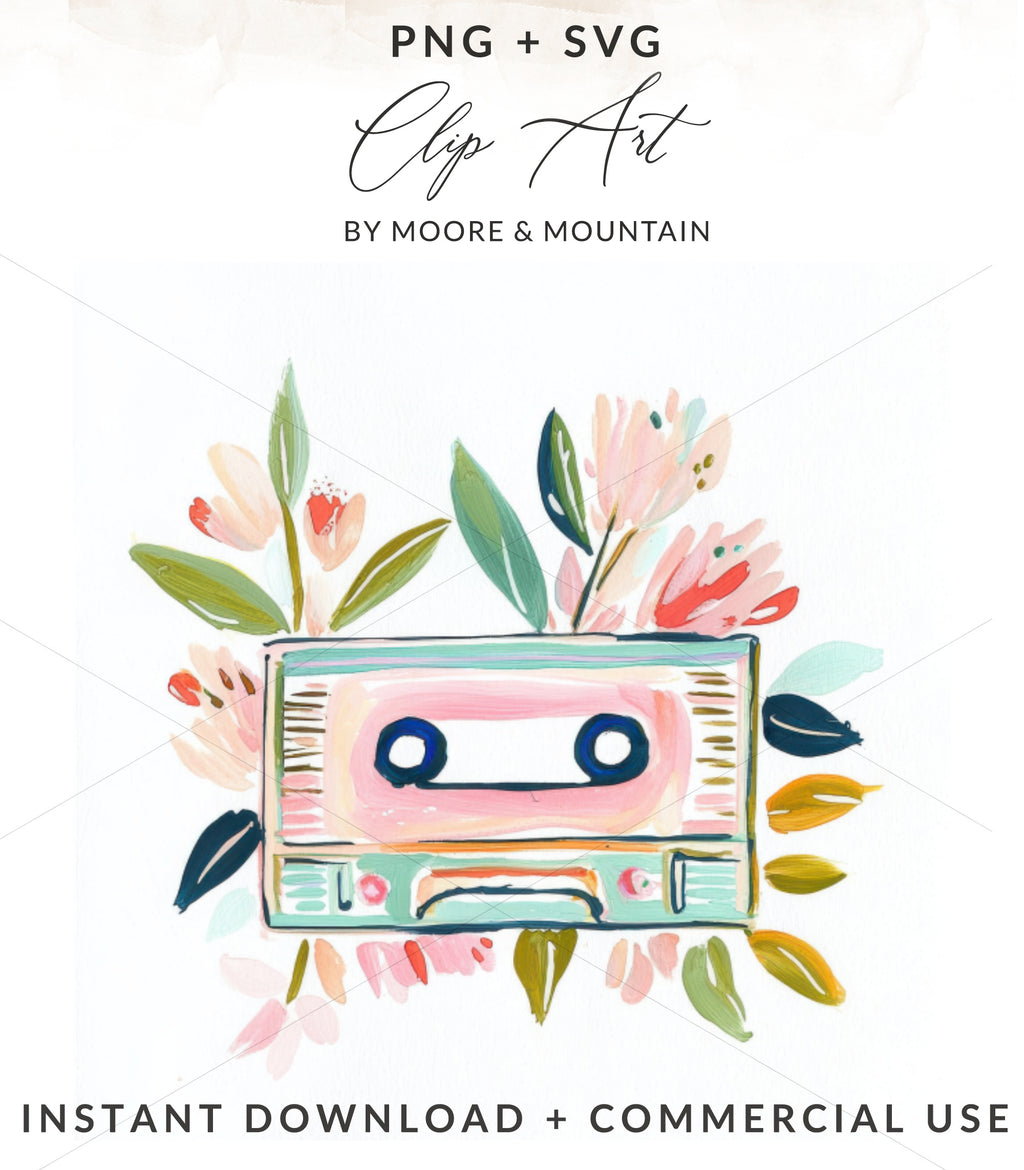 Pastel cassette tape with colorful floral accents and text.
