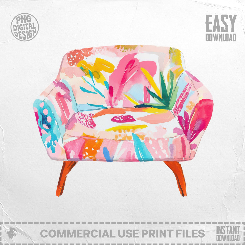 Armchair with colorful floral and abstract brushstroke pattern, orange legs.