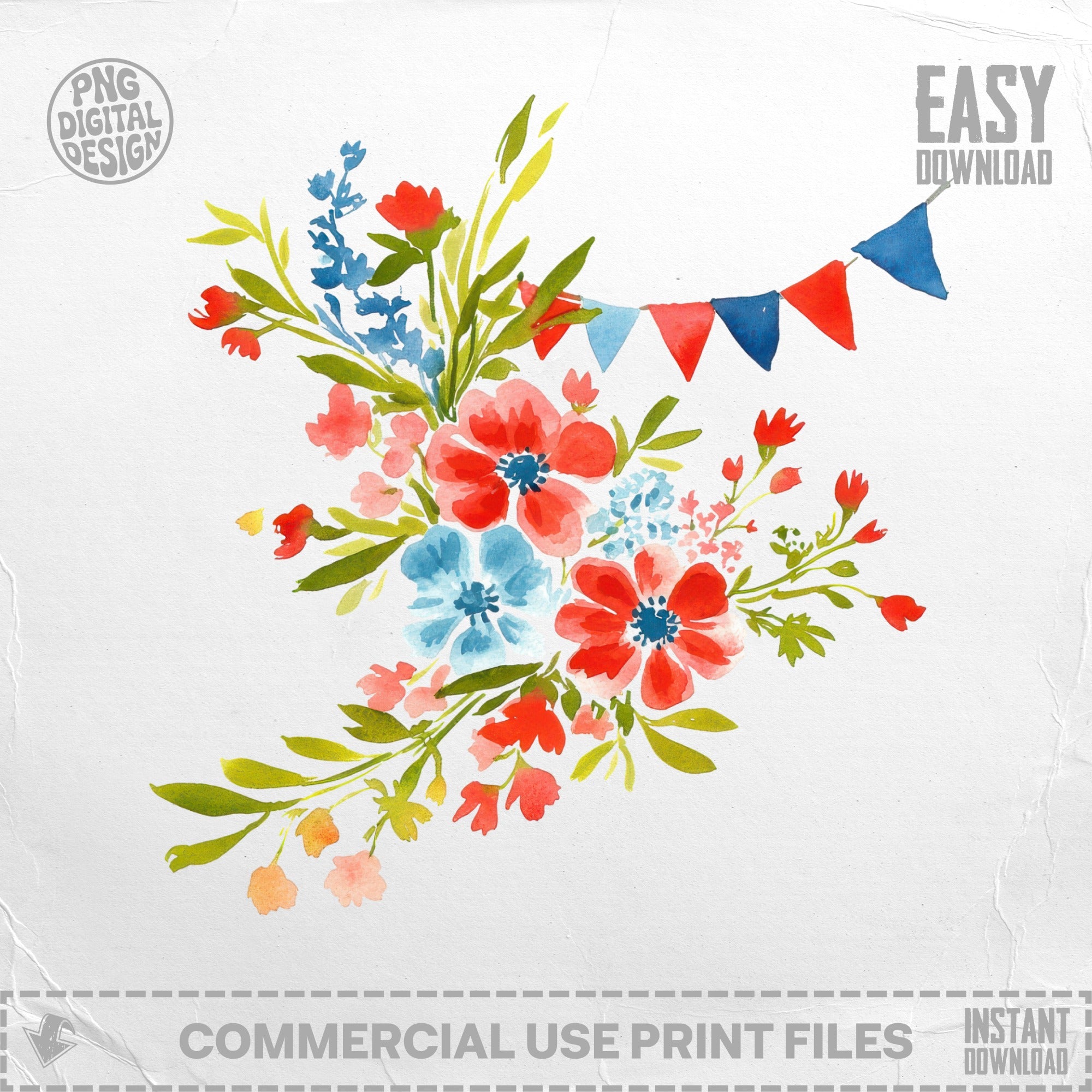 Watercolor floral arrangement with blue and red flags and "Easy Download" text.