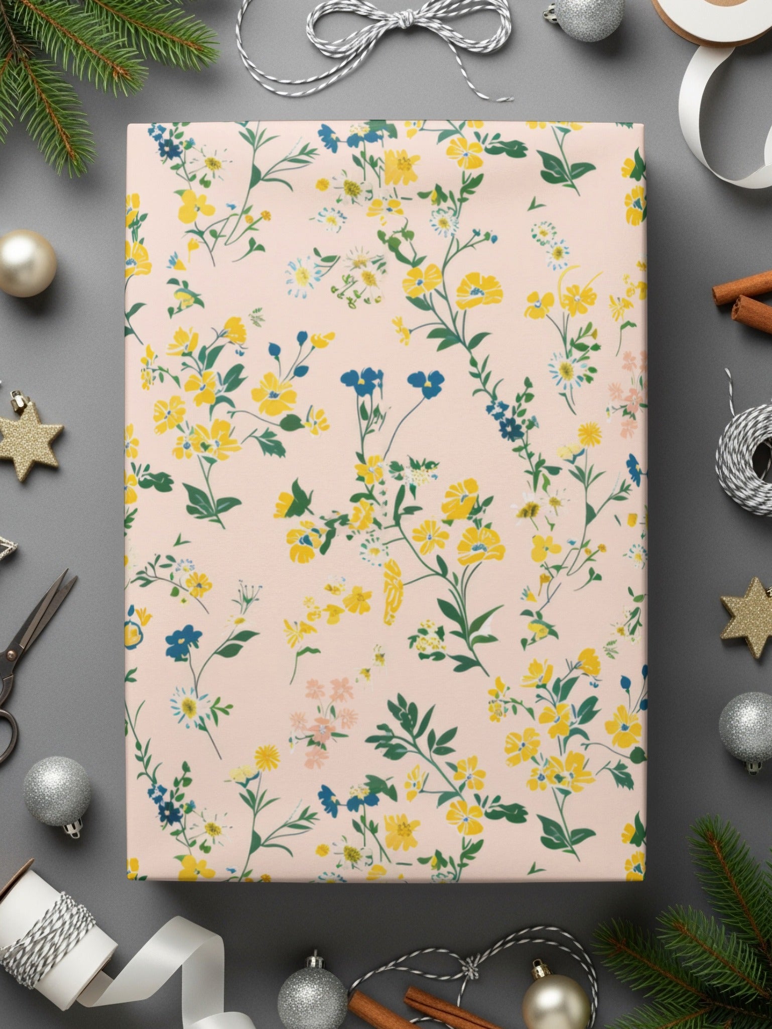 Floral Gift Wrapping Paper with Yellow Flowers Design