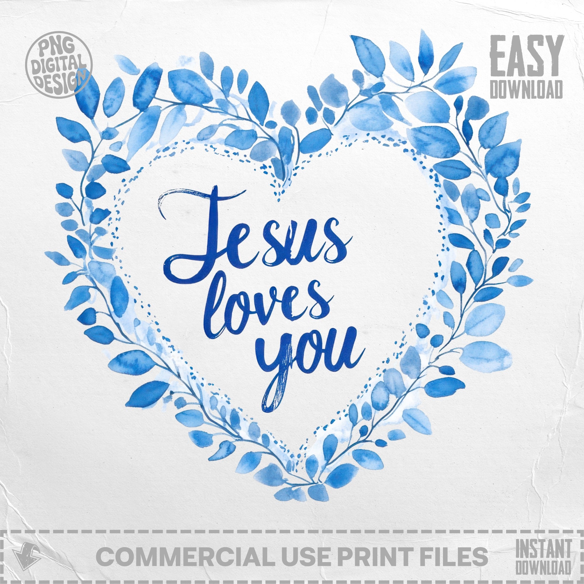 Heart-shaped blue watercolor wreath with "Jesus loves you" text.