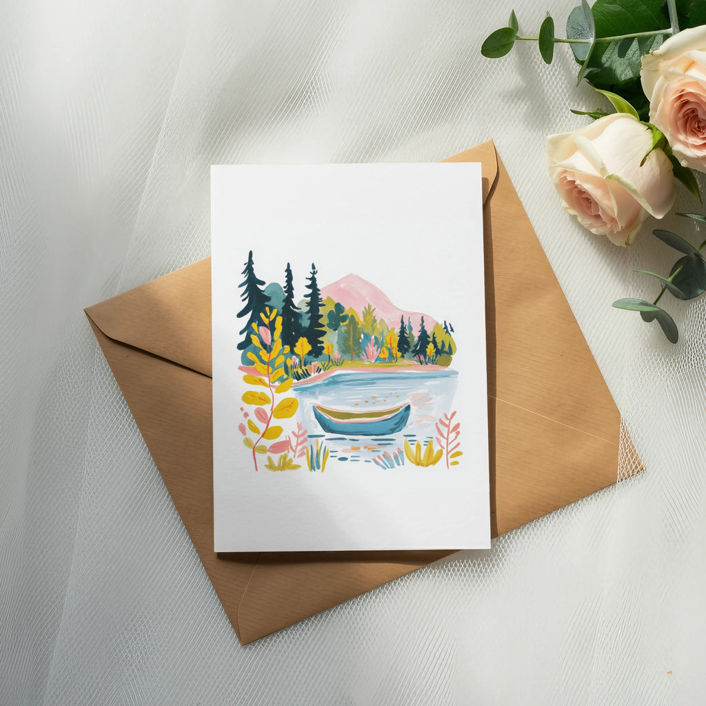 Watercolor painting of a lake with a boat, trees, and mountains on a card.