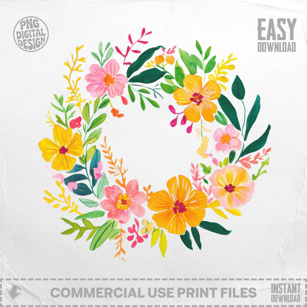 Watercolor floral wreath with "Easy Download" and "Commercial Use Print Files".