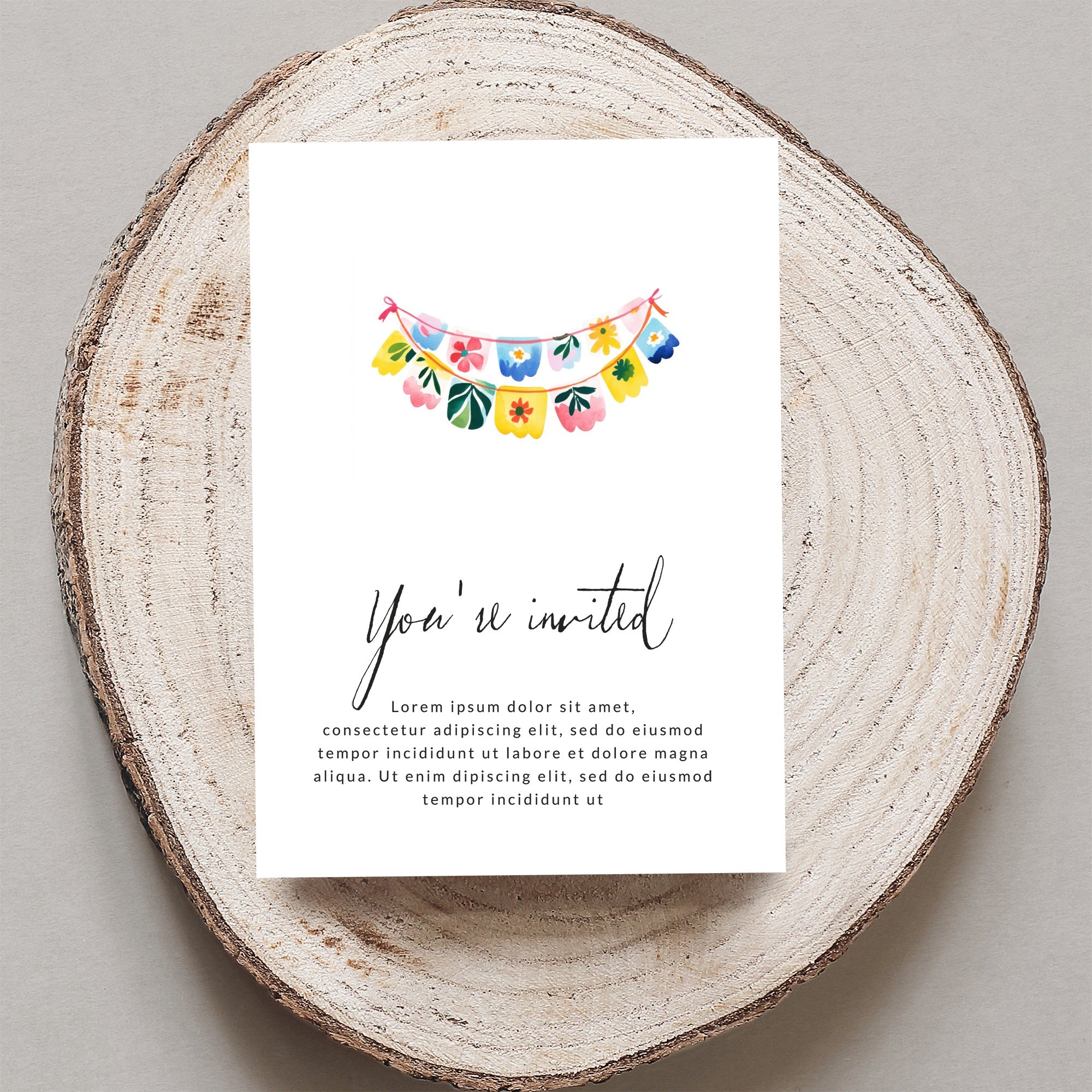 Invitation card with "You're invited" text and colorful bunting.