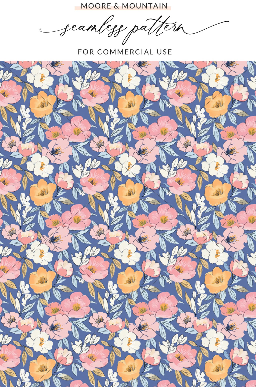 Pink, white, and orange floral pattern on a blue background.