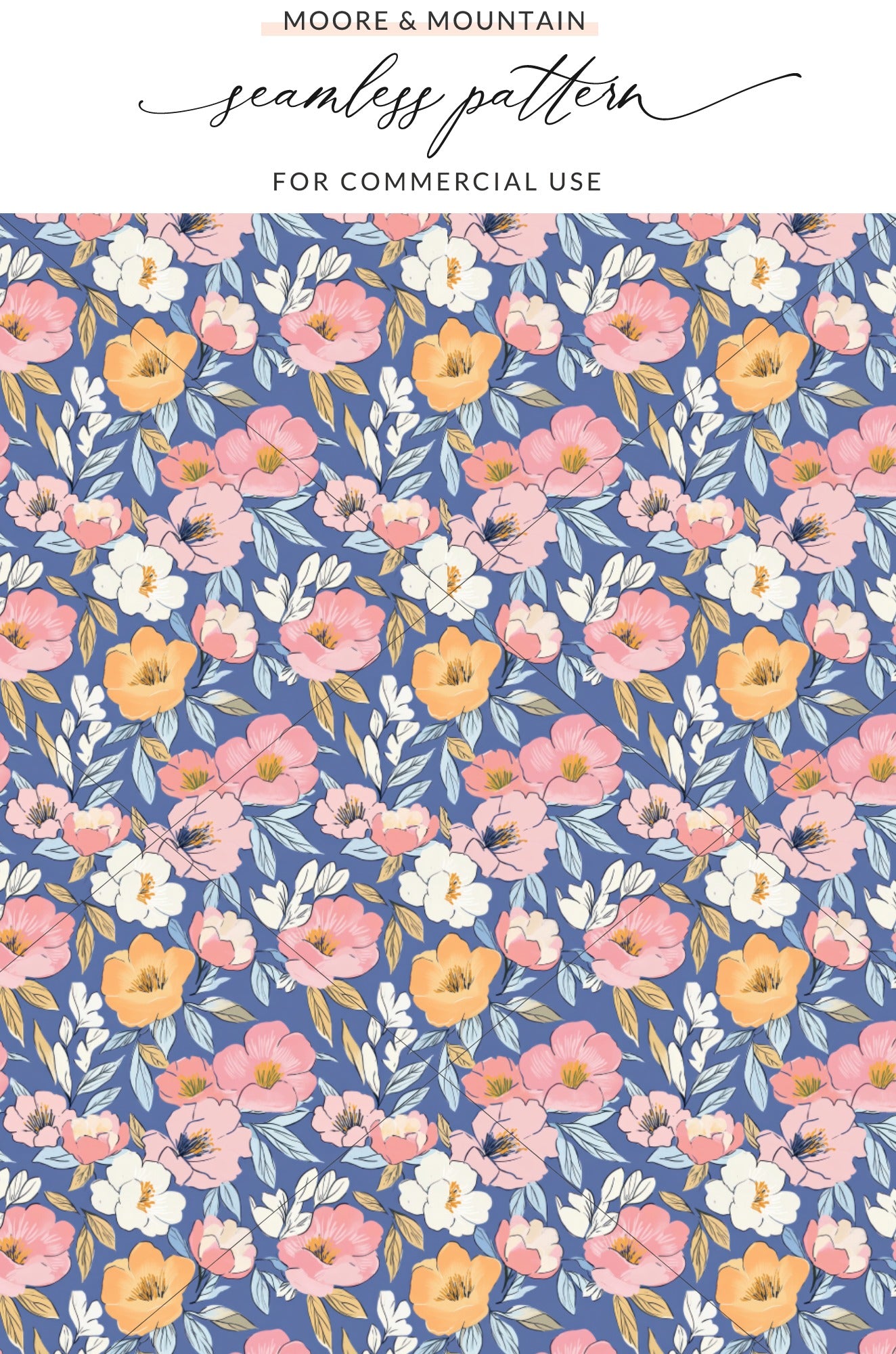 Pink, white, and orange floral pattern on a blue background.