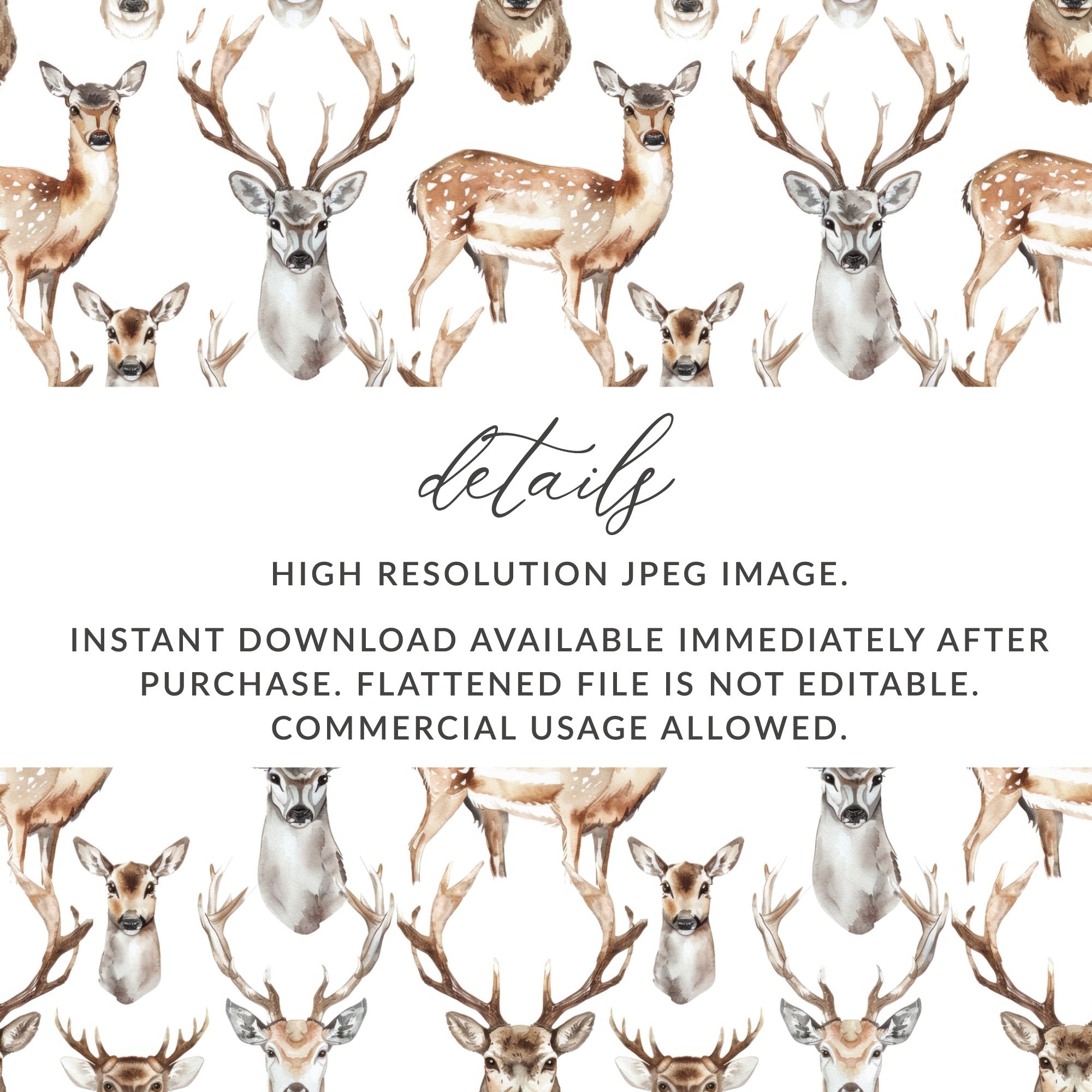 Watercolor Deer Head Pattern Digital Download