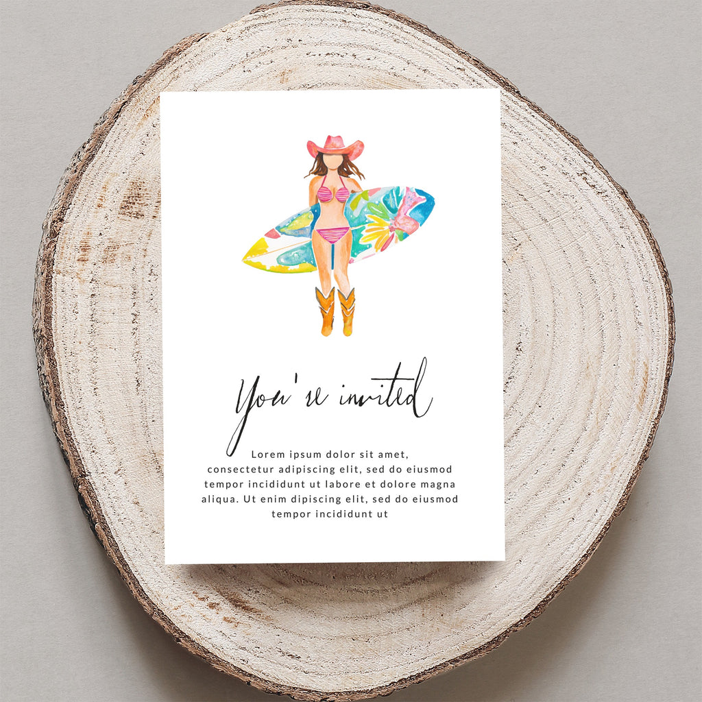 Invitation with watercolor illustration of woman in cowboy hat, bikini, boots holding surfboard.