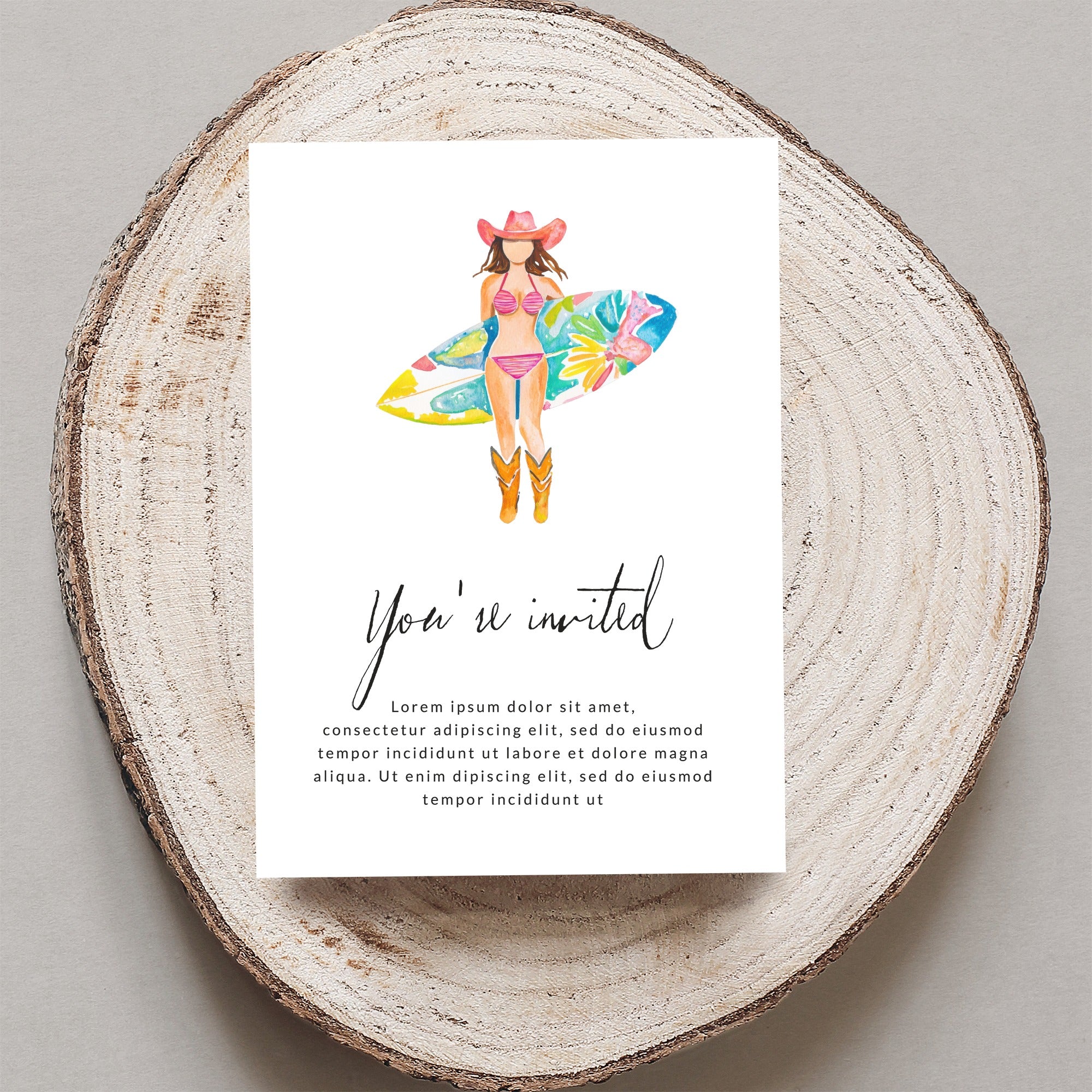 Invitation with watercolor illustration of woman in cowboy hat, bikini, boots holding surfboard.