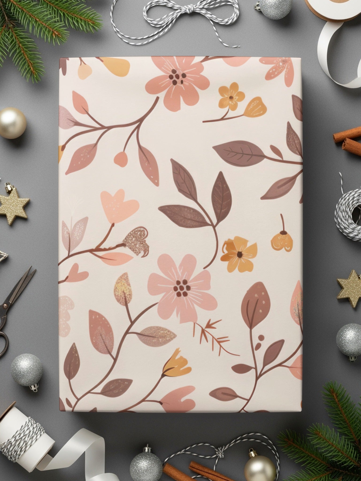 Festive Floral Pattern Holiday Gift Wrap Paper