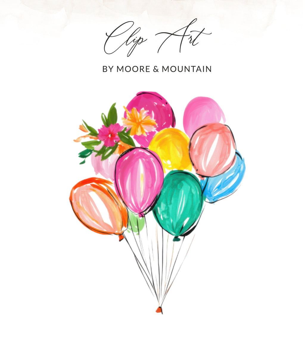 Colorful balloons with floral accents and "Clip Art" text.