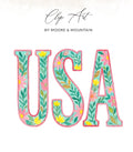 USA letters decorated with floral watercolor pattern.