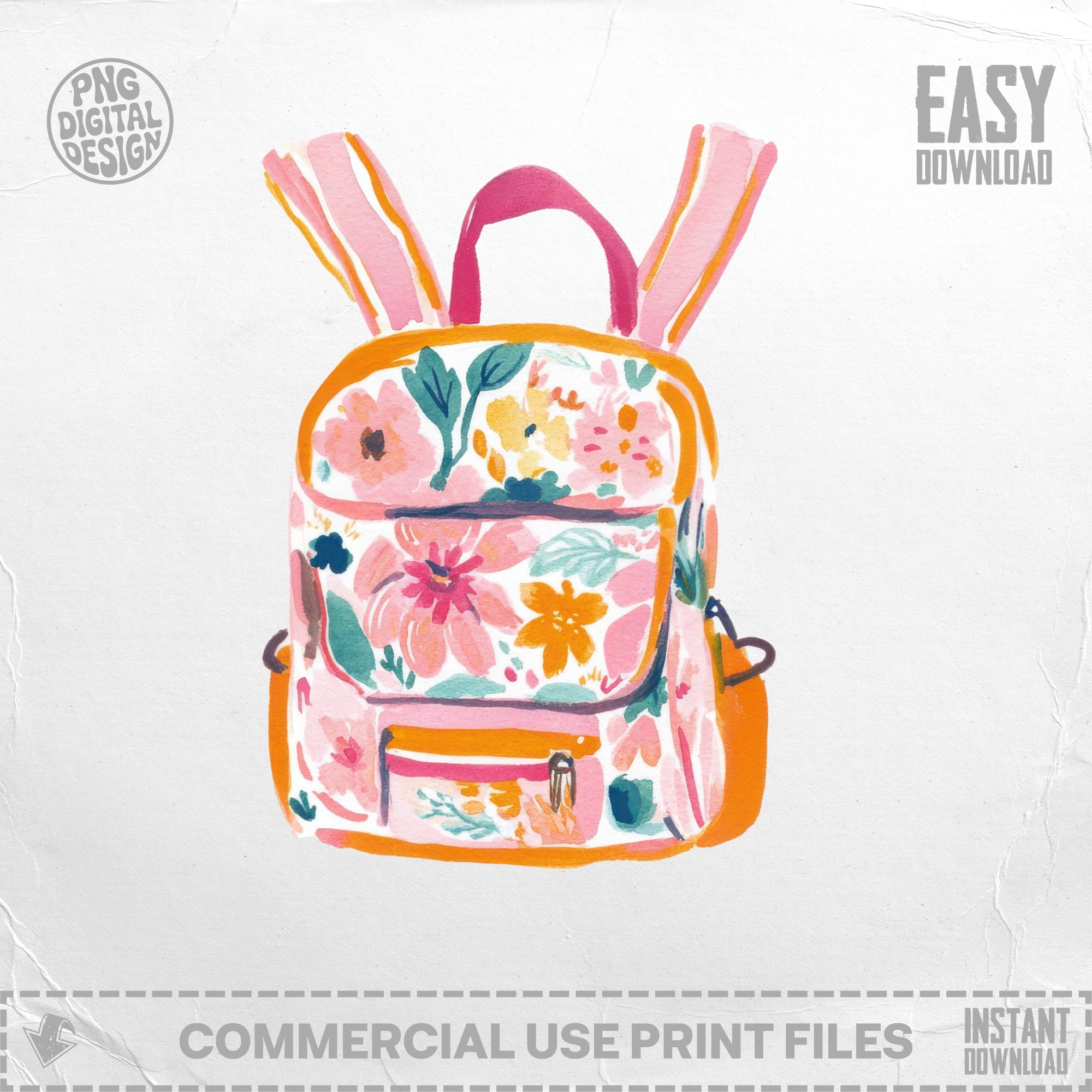 Pink floral backpack with orange and green accents, "Easy Download" text.
