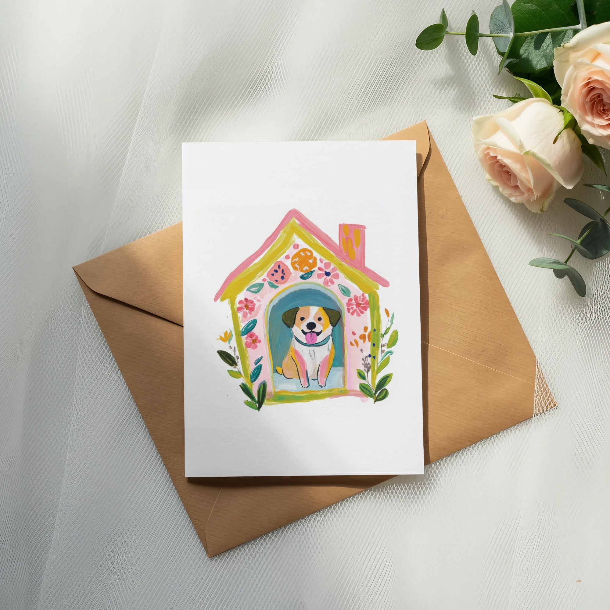Card featuring a happy dog inside a colorful doghouse surrounded by flowers.