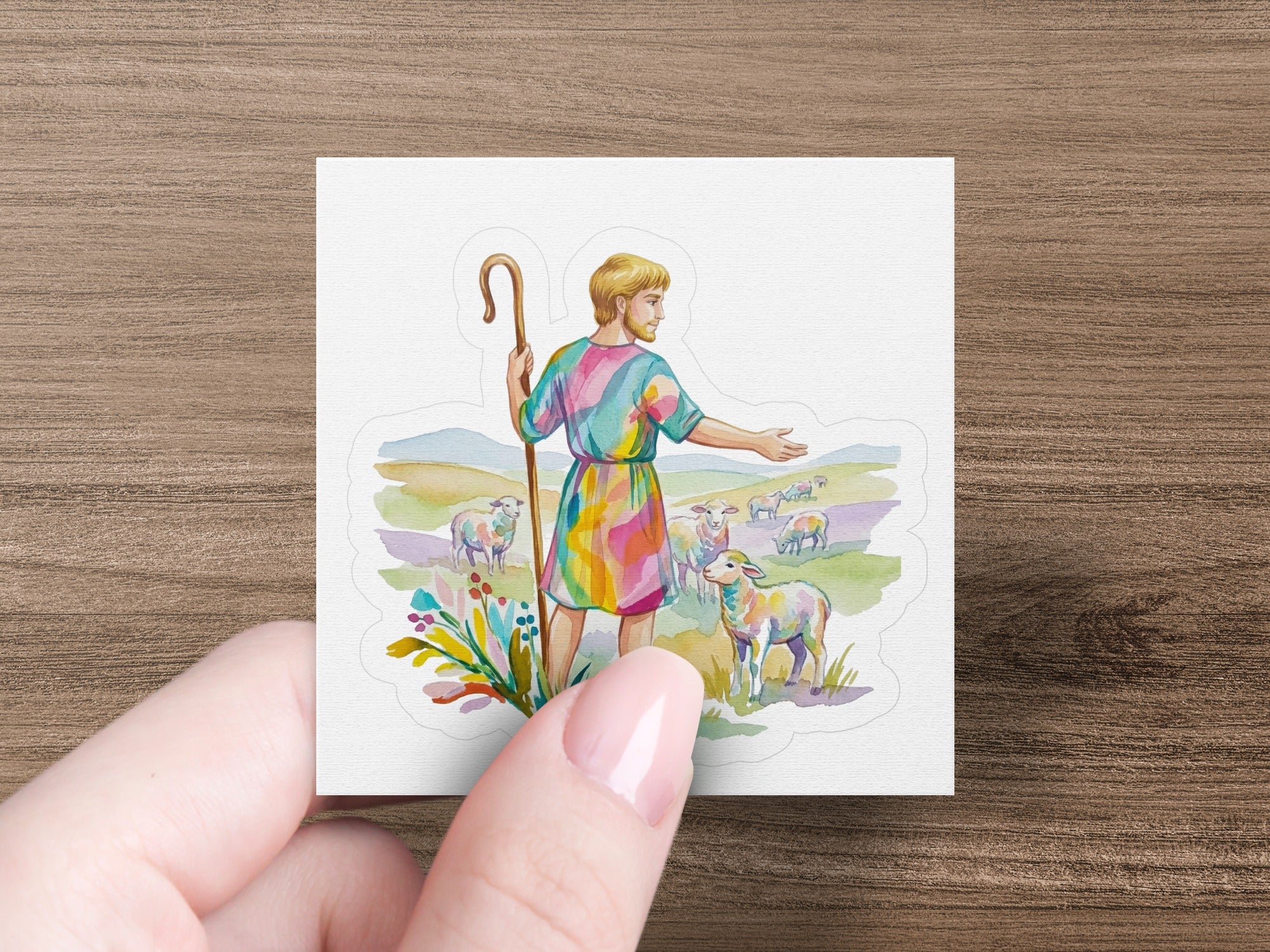 Man in colorful robe with shepherd's crook and sheep in a field.