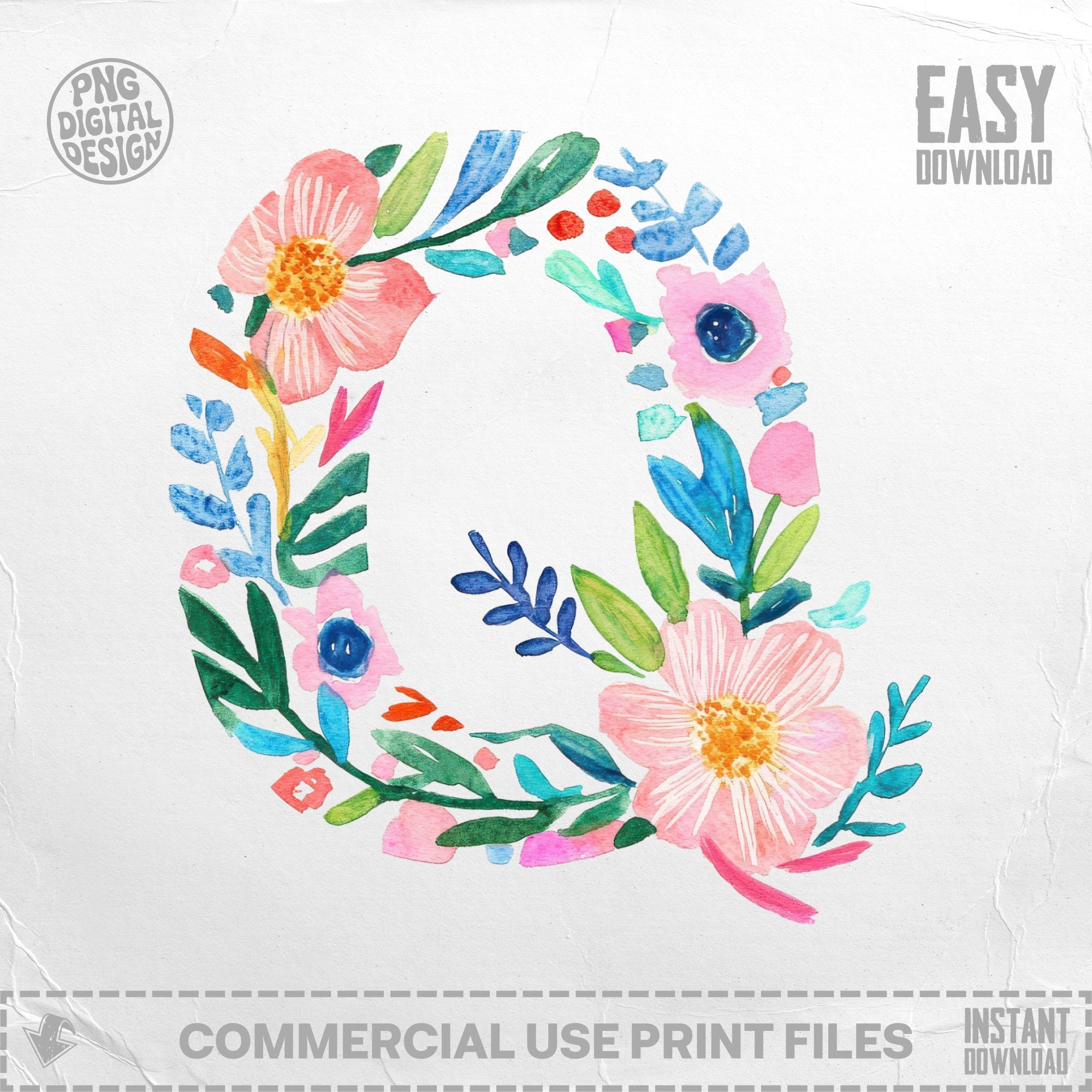 Watercolor letter Q made of pink flowers and green leaves, with "Easy Download" text.