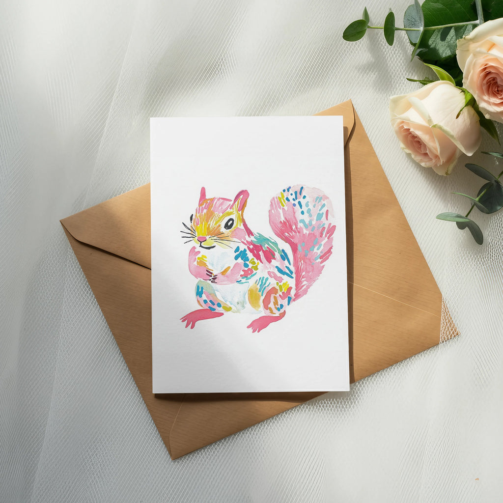 Watercolor painting of a colorful squirrel on a card, resting on an envelope.