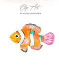 Clownfish with orange and white stripes, blue eye, and pink fins.
