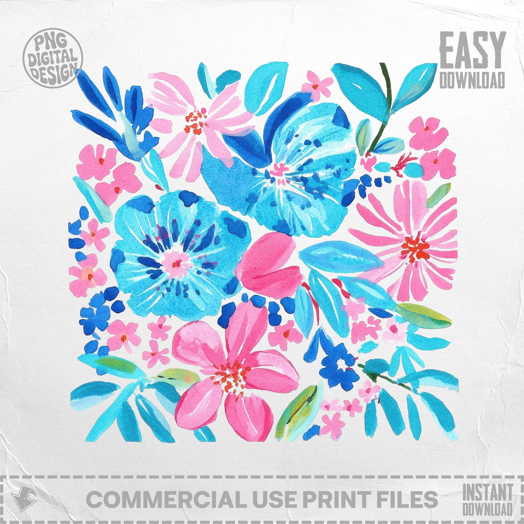 Watercolor floral pattern with pink and blue flowers and leaves.