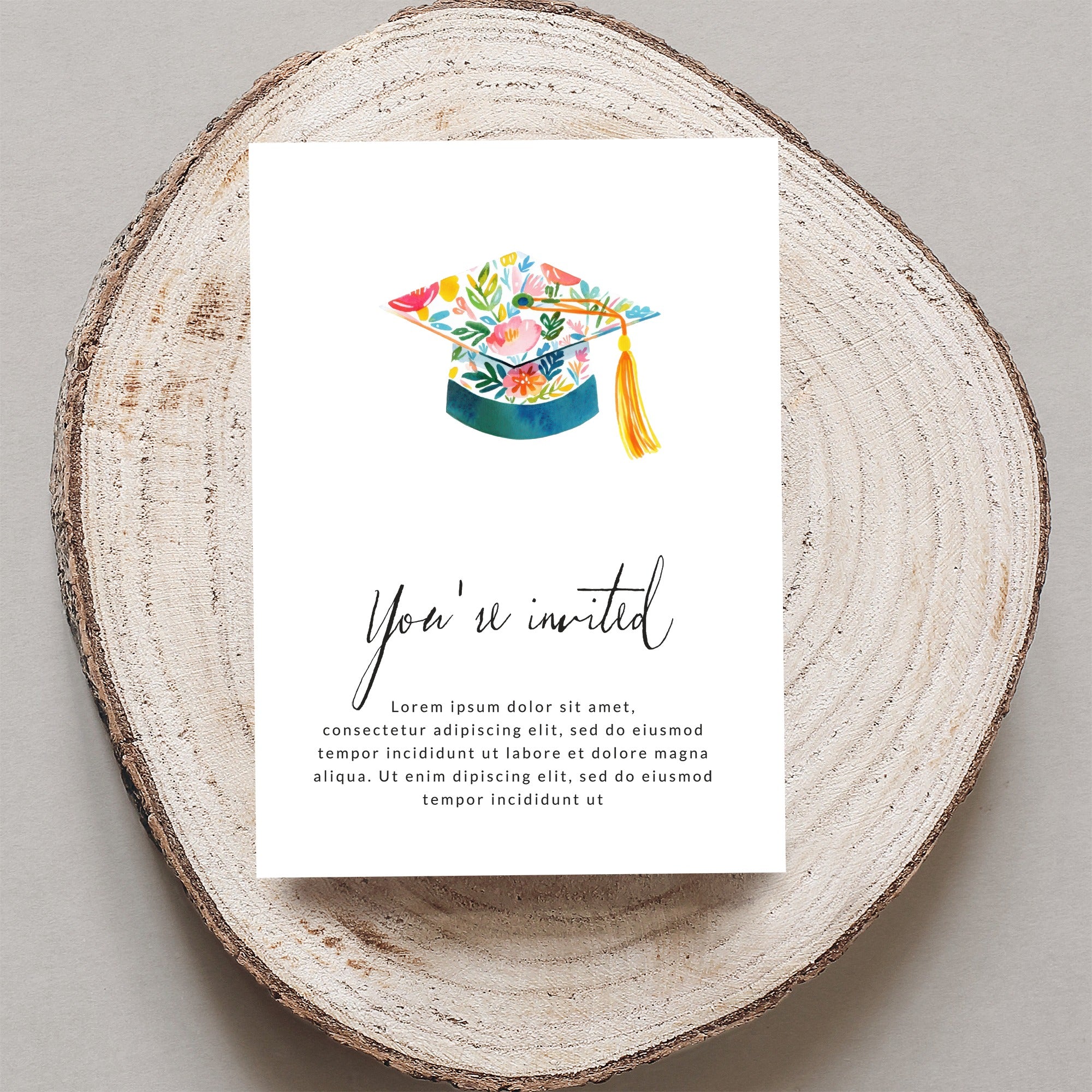 Graduation invitation with floral cap, "You're invited" text, and placeholder copy.