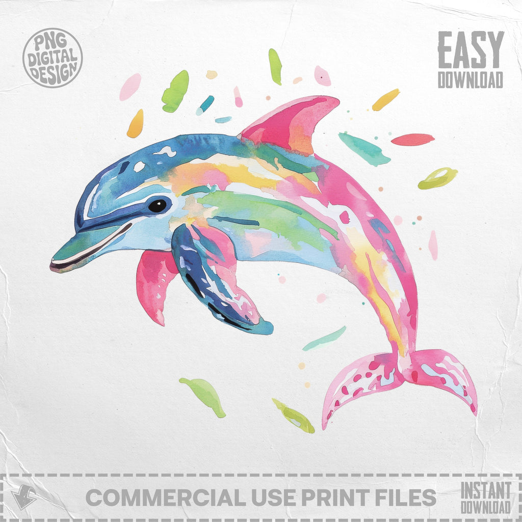 Colorful watercolor dolphin illustration with splashing paint drops, "Easy Download" text.