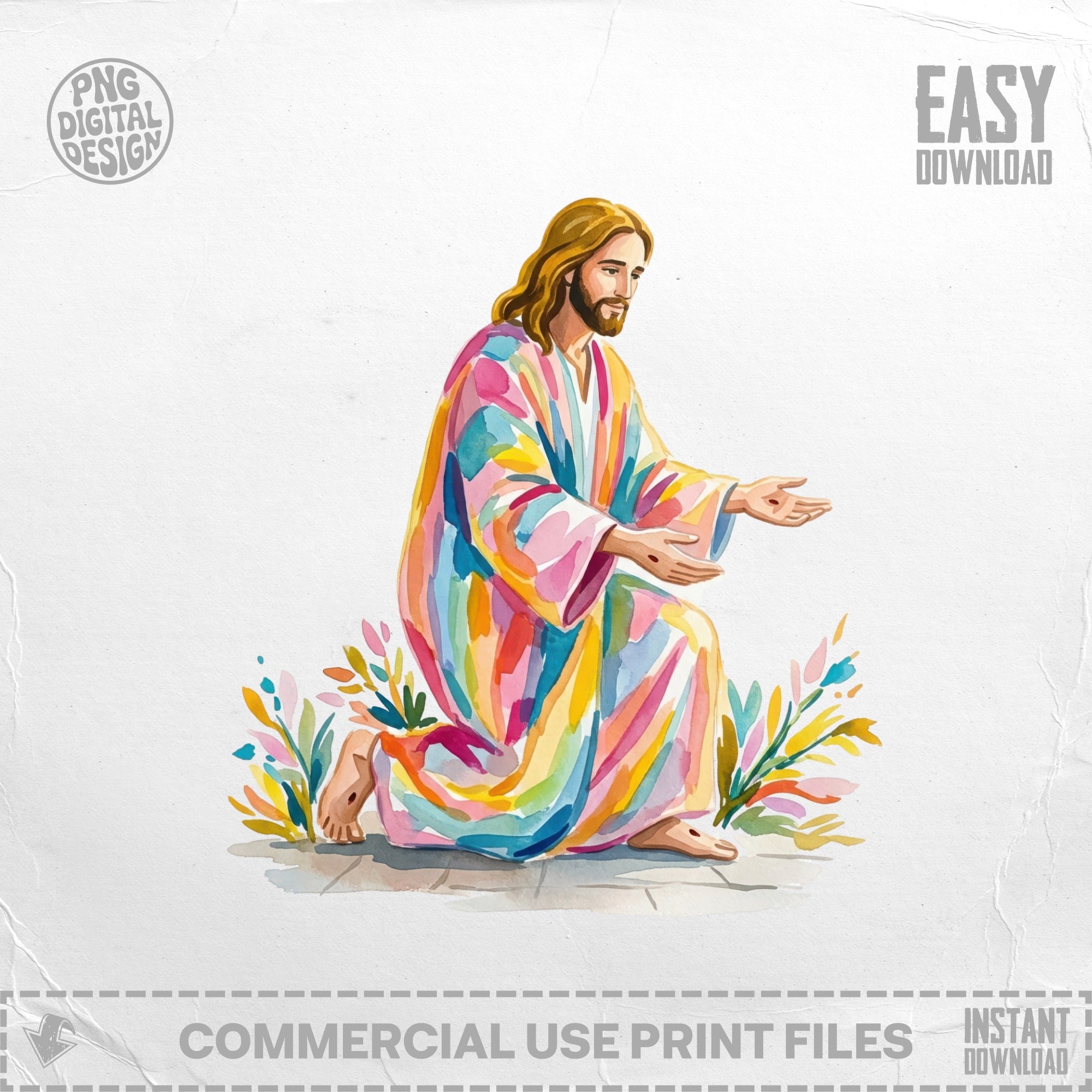 Jesus kneeling, wearing a colorful robe, with watercolor foliage.