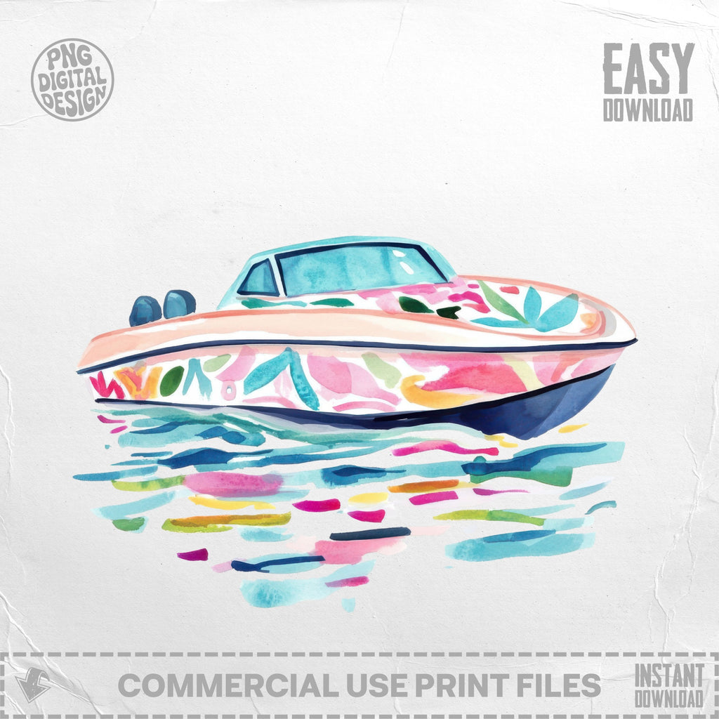Watercolor illustration of a stylized boat with colorful floral designs on water.