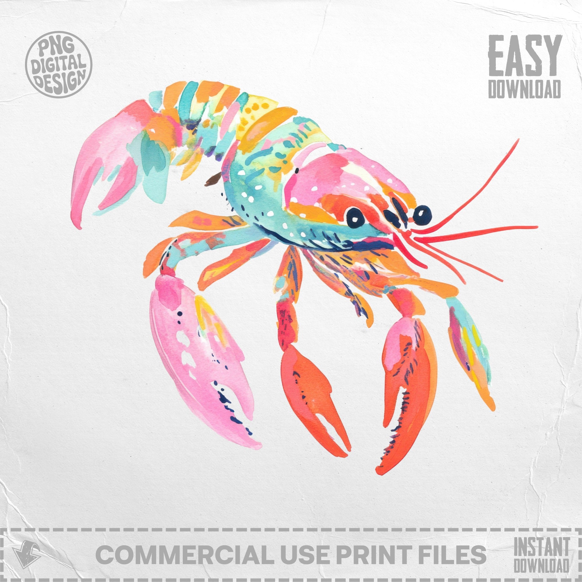 Watercolor lobster illustration with colorful abstract brushstrokes and "Easy Download" text.