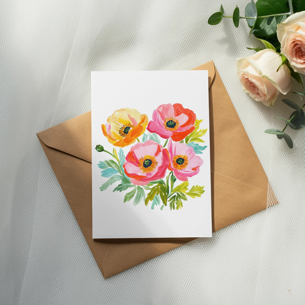 Watercolor floral card with poppies on a brown envelope.