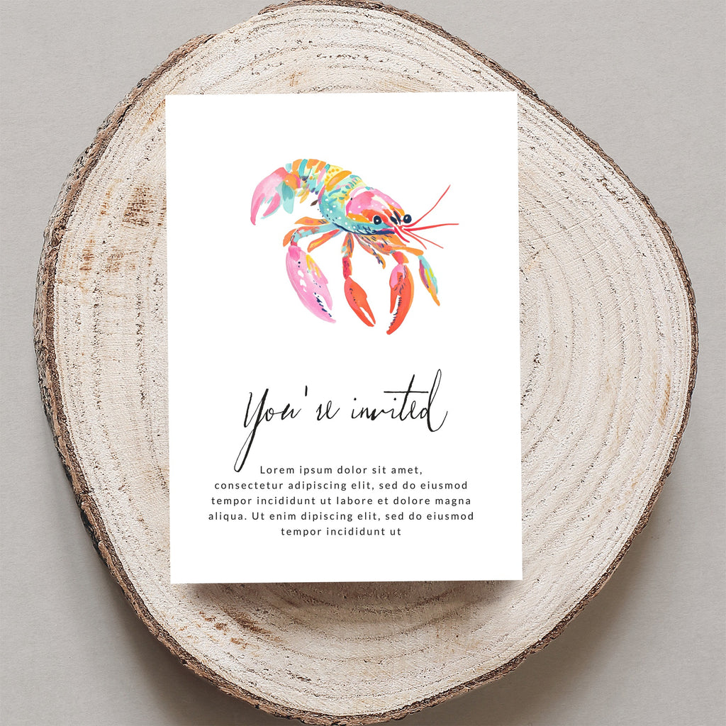 Watercolor lobster illustration on a card with "You're invited" text.