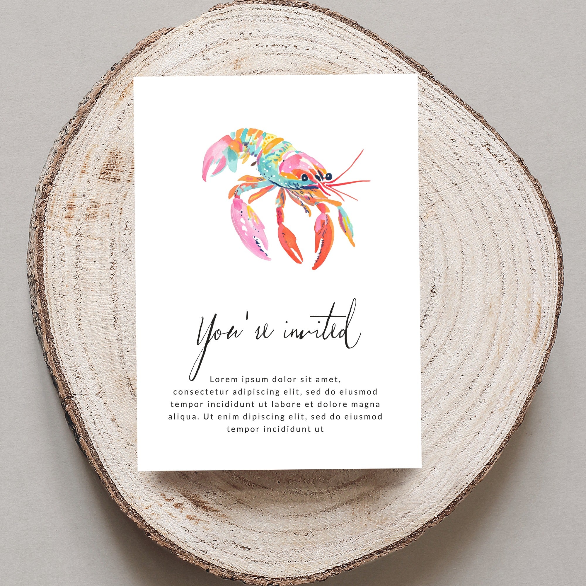 Watercolor lobster illustration on a card with "You're invited" text.