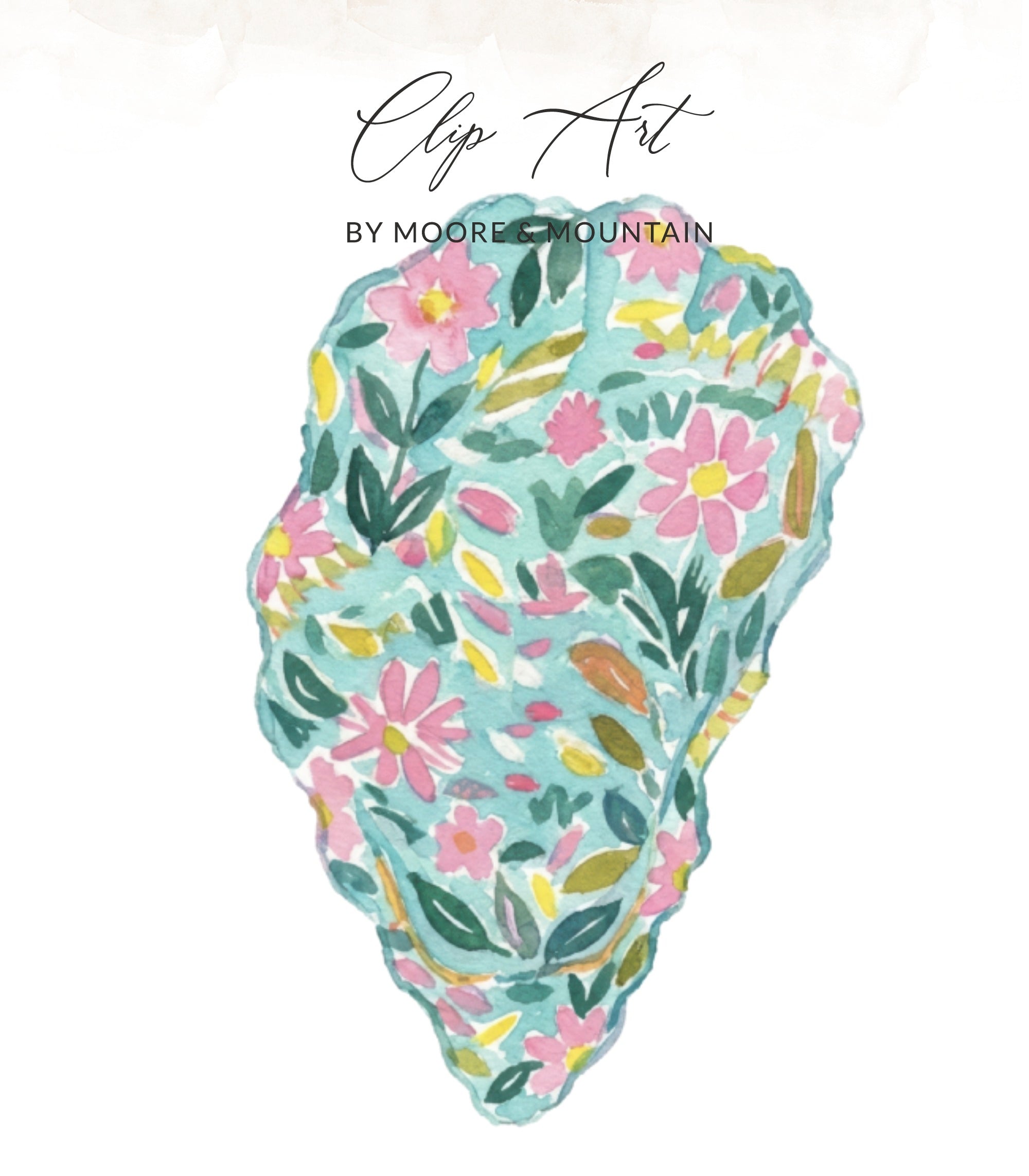 Watercolor oyster with pink and green floral pattern.