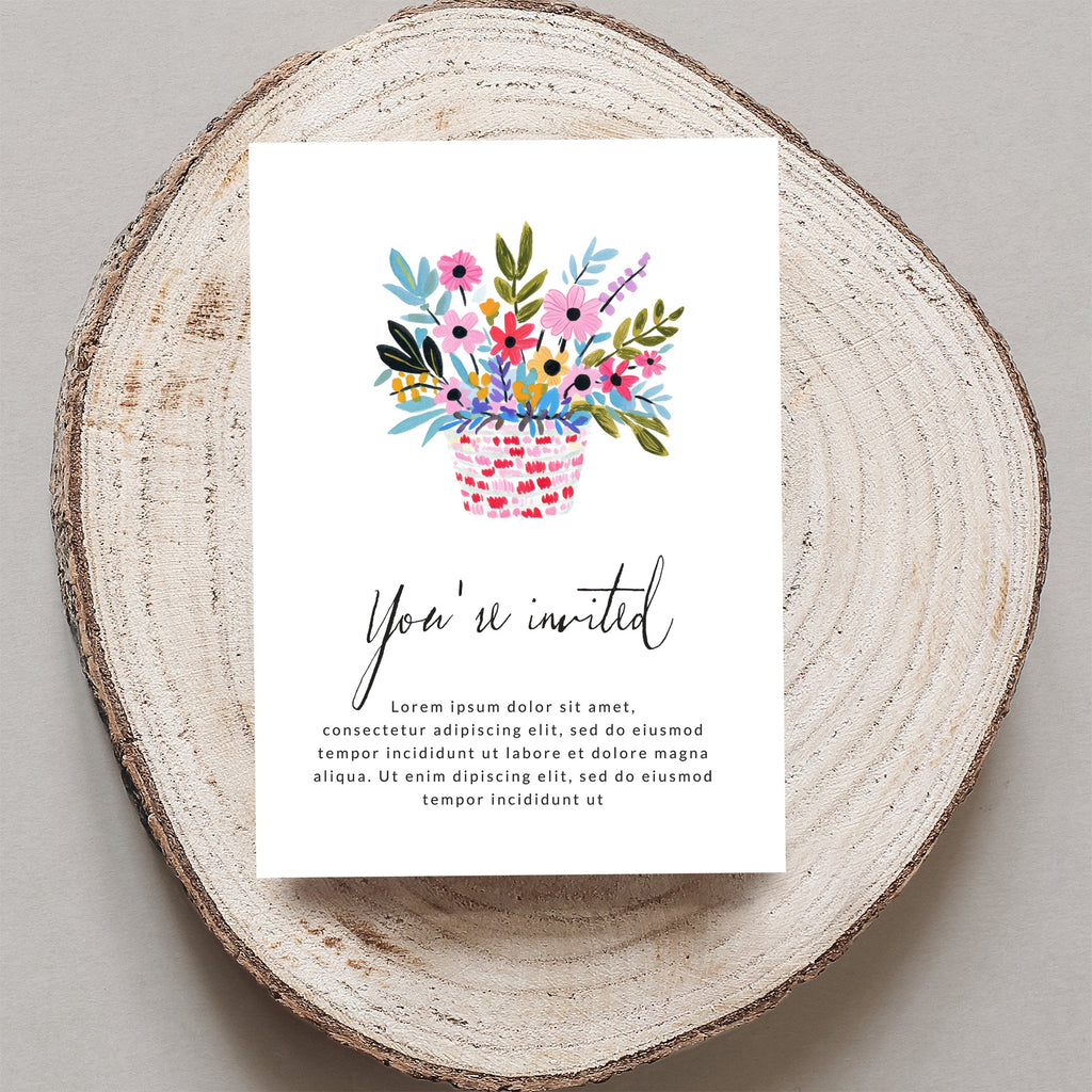 Invitation card with floral basket, "You're invited" and placeholder text.