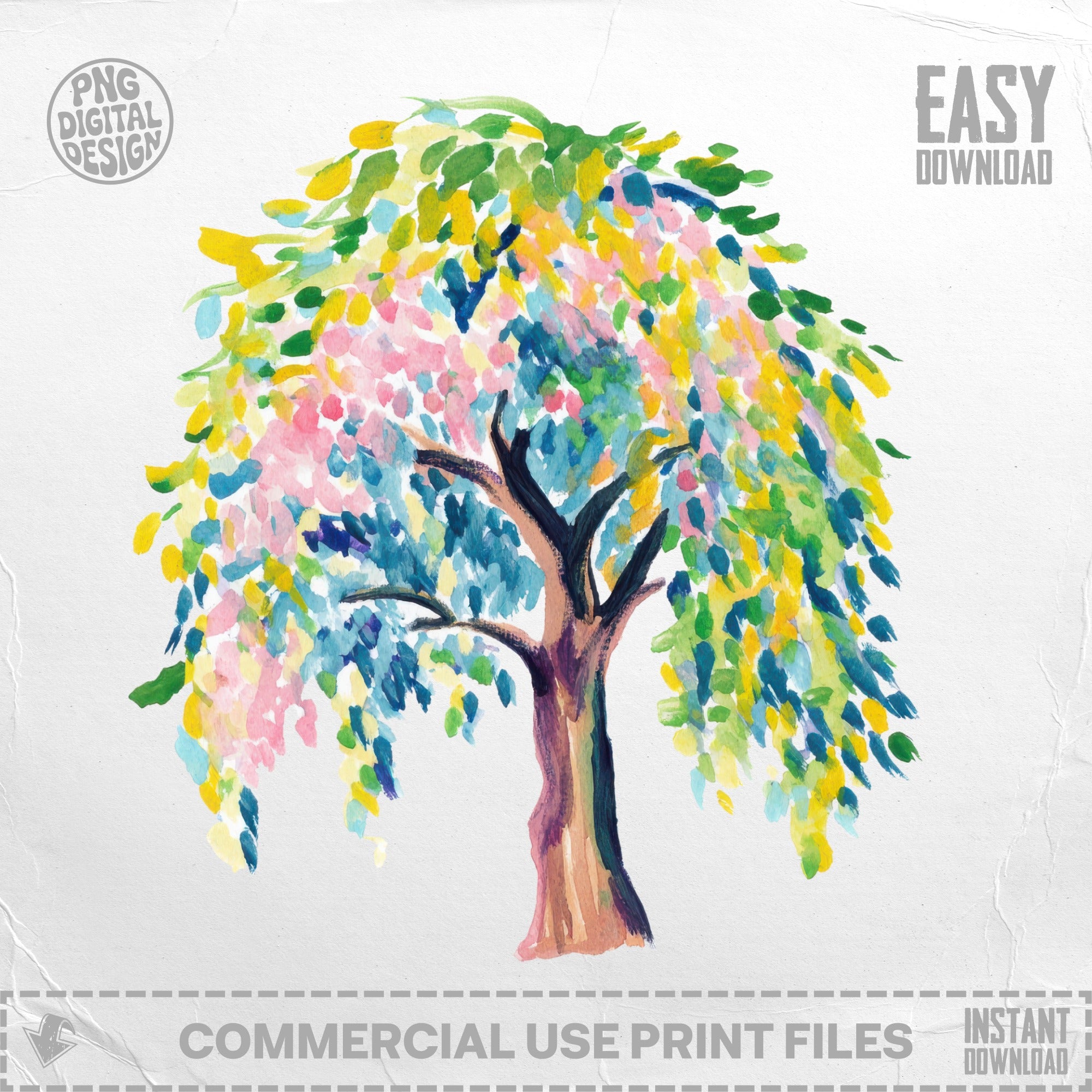 Watercolor illustration of a vibrant, leafy tree with colorful blossoms.