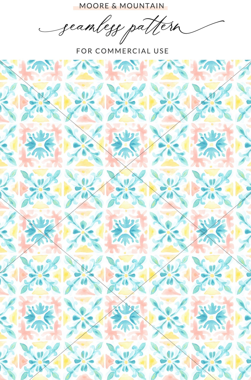 Aqua Pink Yellow Watercolor Floral Tile Seamless Pattern product type