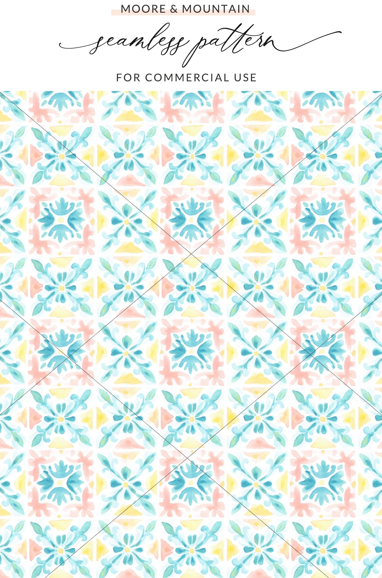 Aqua Pink Yellow Watercolor Floral Tile Seamless Pattern product type