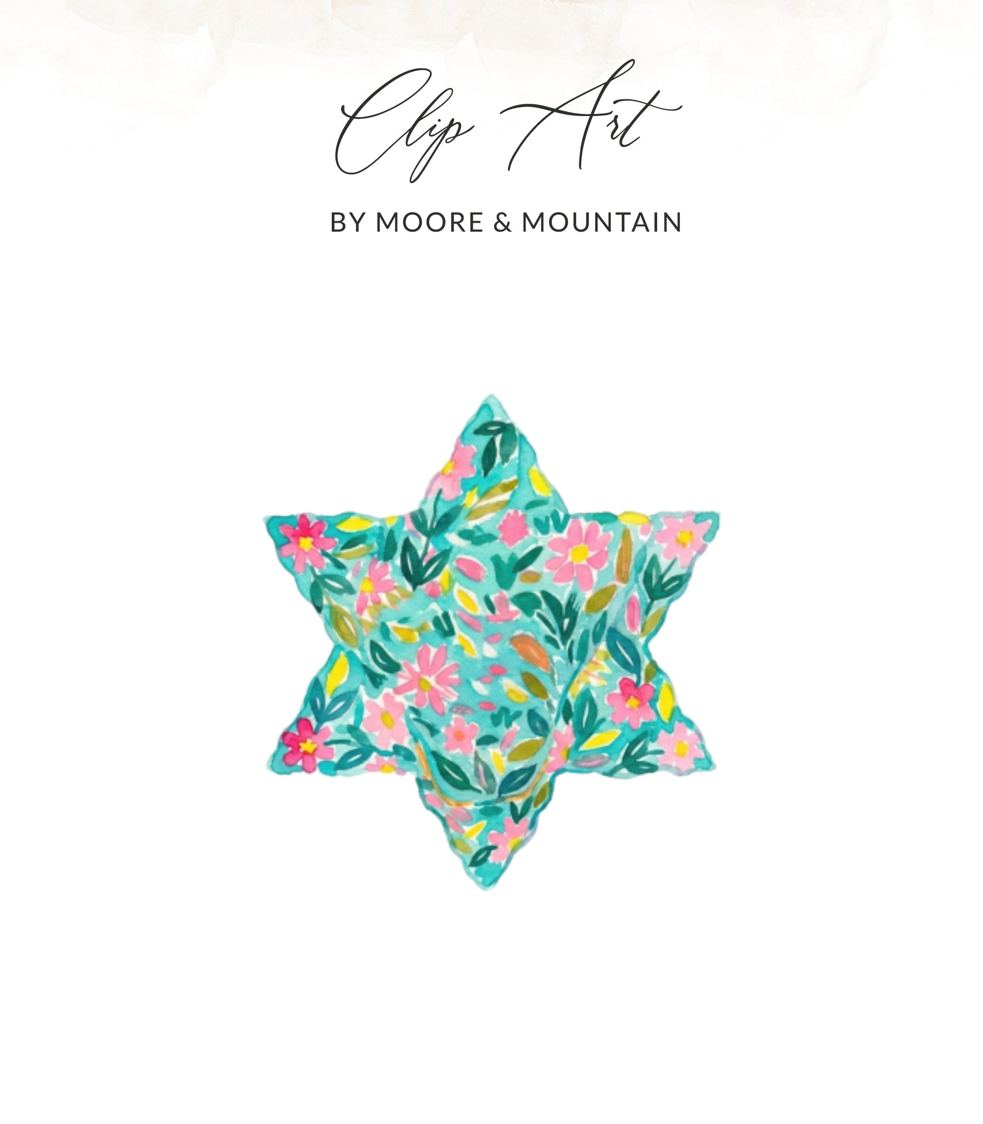 Watercolor Star of David adorned with pink and blue flowers and green leaves.