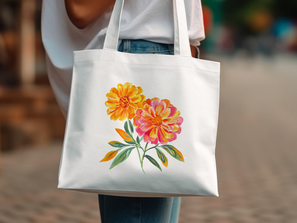White tote bag with a vibrant watercolor floral print.