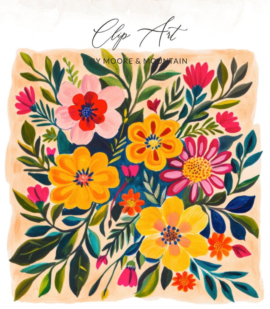 Watercolor floral illustration with bold colors, "Clip Art" text.