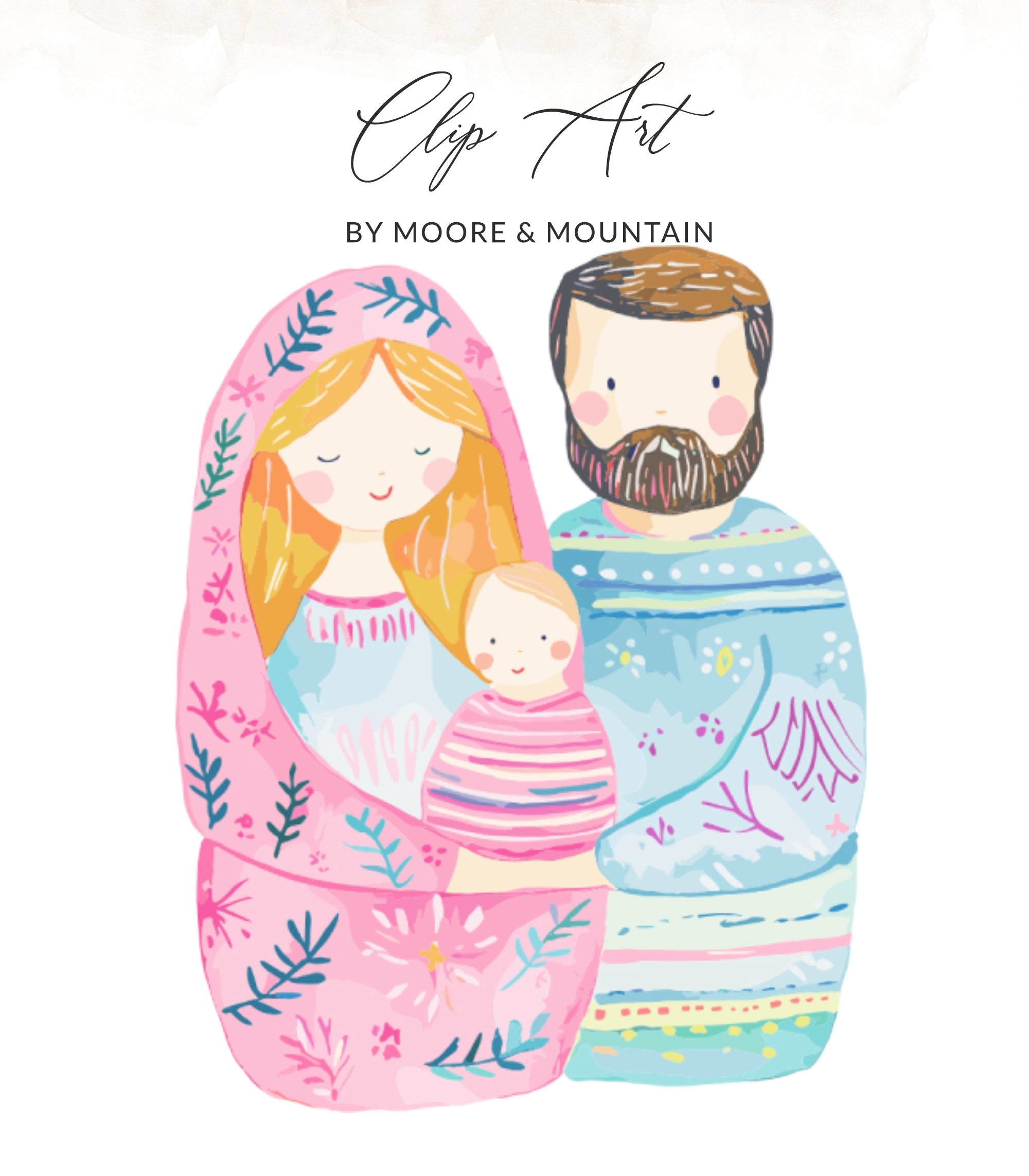 Matryoshka doll illustration of family: parents holding a baby.