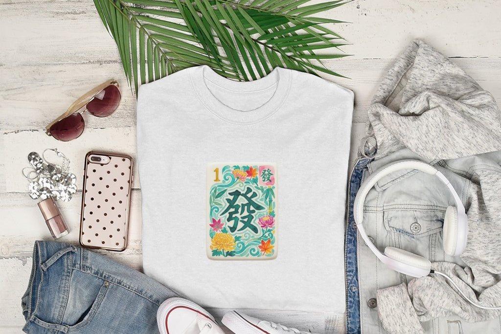 White t-shirt with floral mahjong tile design and sunglasses.