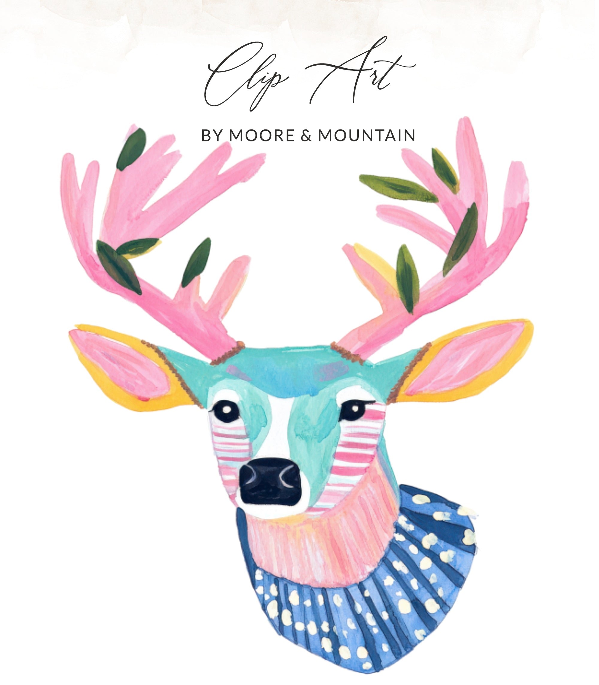 Pink-antlered deer head with colorful striped body and polka dot collar.