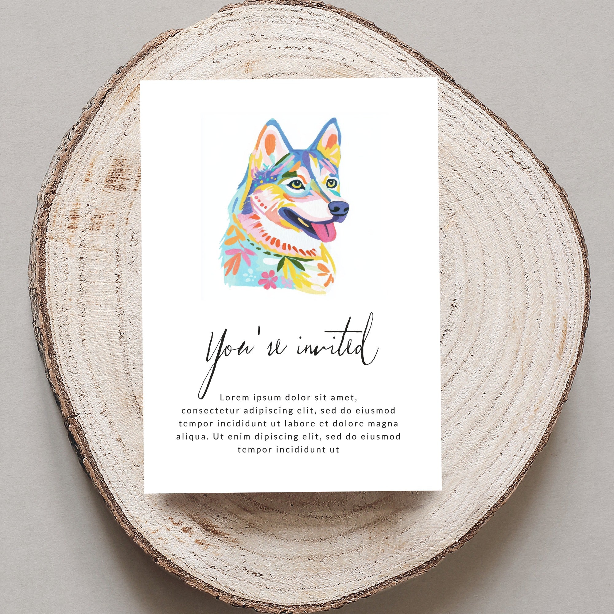 Dog portrait invitation with colorful geometric patterns and placeholder text.