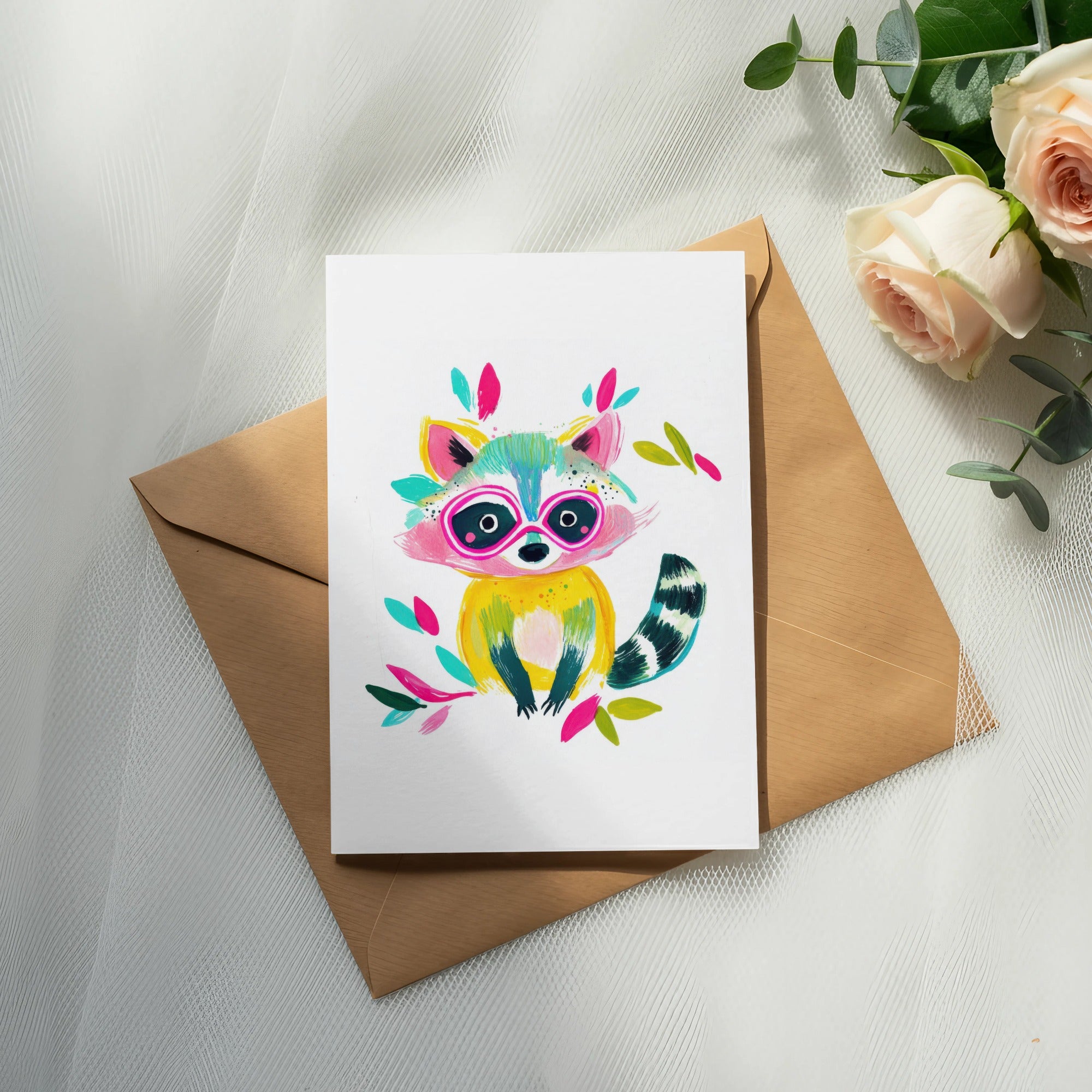 Card featuring a colorful, cartoon raccoon wearing sunglasses and sitting on a brown envelope.