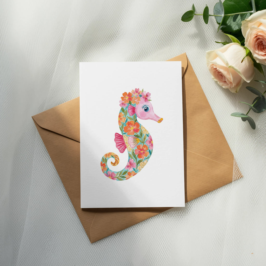 Illustration of a colorful seahorse with floral accents on a card.