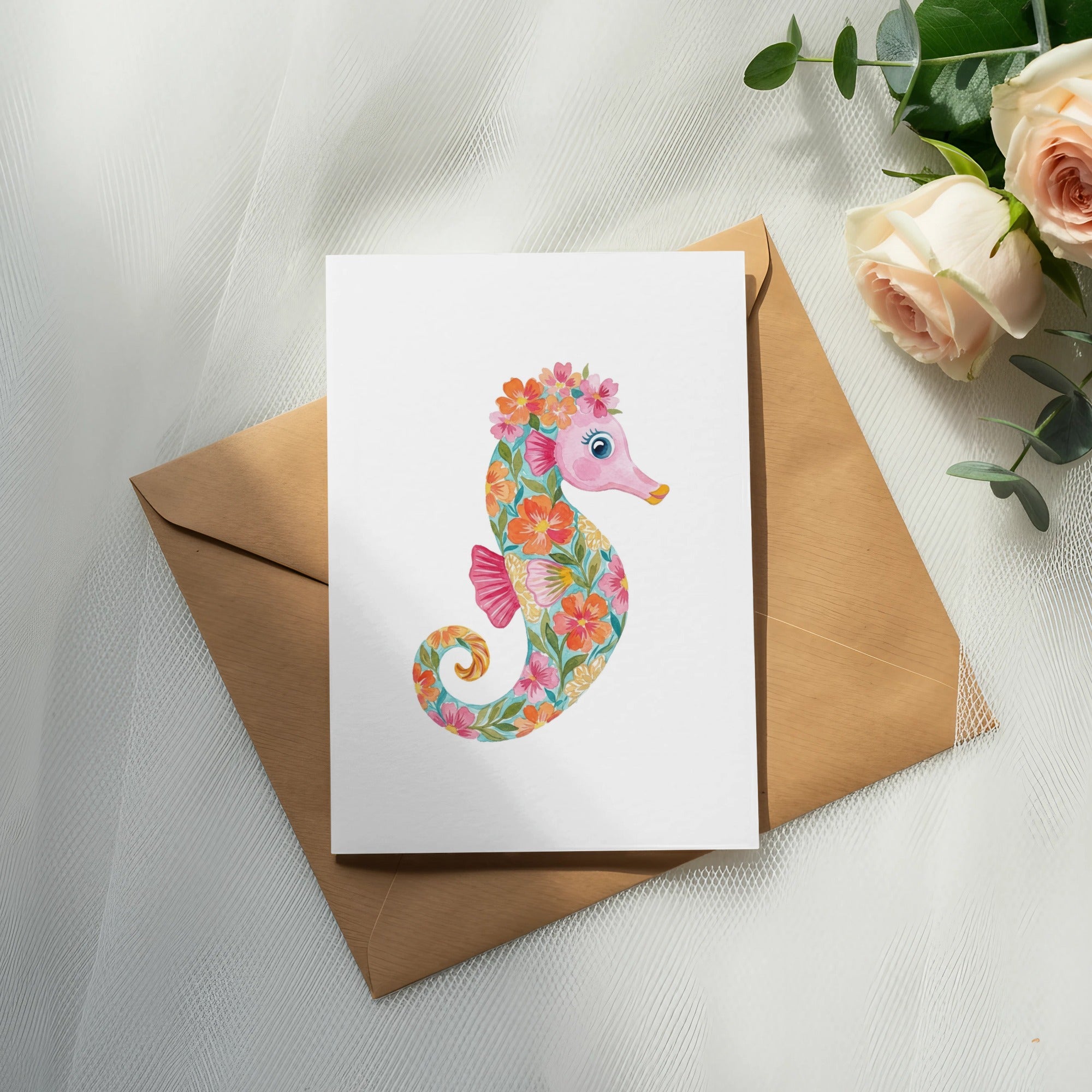 Illustration of a colorful seahorse with floral accents on a card.